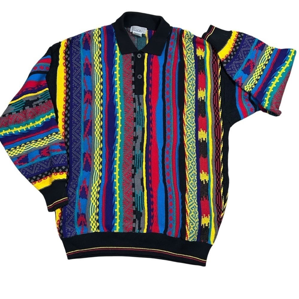 Vintage Tosani men’s textured 3D knit sweater multicolor collared size large
